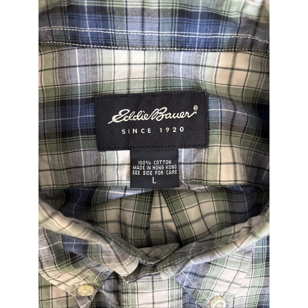 Eddie Bauer Mens Large Blue/Green Plaid Long Sleeve Button Up Shirt Cotton - Picture 4 of 5
